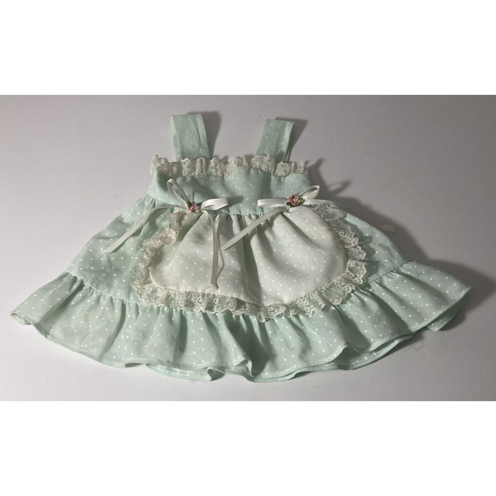 80s EVY Baby Girl Pinafore Dress 0-6M Mint Green Polka Dot Apron Lace USA